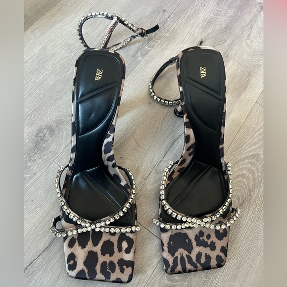 Zara | Shoes | Zara Heels Square Toe Sandals With Rhinestone Straps ...